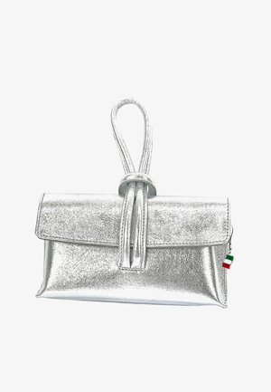 Shiny silver clutch bag with a looped handle on top and a small Italian flag zipper pull on the side.