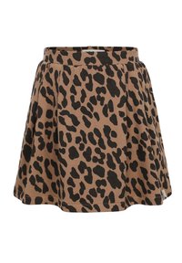 Bruine luipaardprint rok van zachte stof, met een uitlopende ontwerp, een elastische tailleband en zwarte dierenvlekken overal.