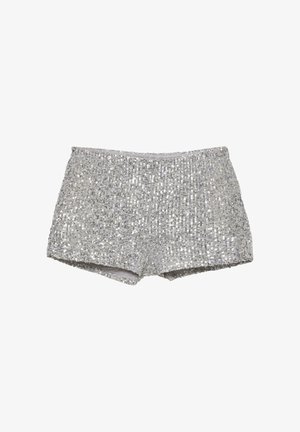 Zilveren pailletten shorts met een getailleerd ontwerp, voorzien van een zachte binnenvoering en een glanzende, reflecterende buitenkant.