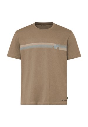 T-shirt marron à manches courtes avec des rayures horizontales beige et bleu et un petit graphique de bicyclette sur la poitrine.