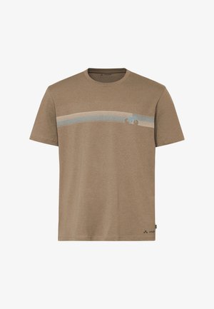 T-shirt marron à manches courtes avec des rayures horizontales beige et bleu et un petit graphique de bicyclette sur la poitrine.