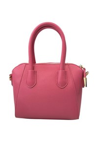 Borsa a struttura rosa realizzata in pelle sintetica testurizzata. Presenta due manici superiori, una chiusura con zip e accessori in metallo dorato.