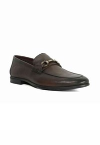 Brown leather loafer with smooth texture, almond toe shape, decorative chain accent on the vamp, and low-profile rubber sole.