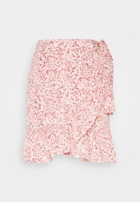 Gonna avvolgente floreale rosa con orlo arricciato. Presenta un tessuto morbido con una trama leggera e un motivo floreale intricato nelle sfumature di rosa e nero.