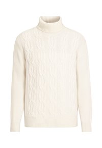 Sweter z kołnierzem typu golf w delikatnym białym kolorze. Posiada fakturowane wzory na korpusie oraz prążkowany kołnierz i mankiety. Wykonany z lekkiego materiału.