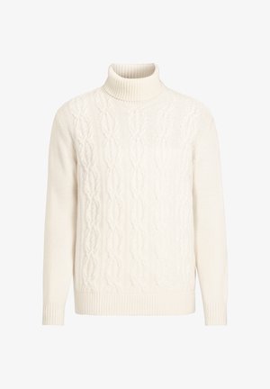 Kablarstickad polotröja i mjukt vitt. Har texturerade mönster på kroppen, ribbad krage och muddar. Tillverkad av lätt material.