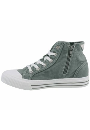 Grå højtop sneakers i lærred med hvid gummitå, hvide snørebånd, sides lynlås og hvid sål med to grå striber.