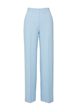 Light blue trousers made from a smooth fabric, featuring a high waist, straight leg design, and subtle front pleats for structure.