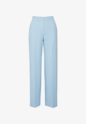 Hellblaue Hose aus einem glatten Stoff, mit hoher Taille, geradem Bein und dezenten Vorderfalten für Struktur.