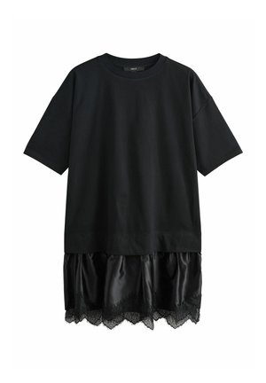 Black short-sleeve dress with a relaxed fit, featuring a shiny satin hem and lace trim at the bottom.