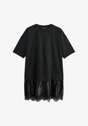 Black short-sleeve dress with a relaxed fit, featuring a shiny satin hem and lace trim at the bottom.