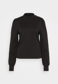 Black long-sleeve top with a high neckline and puffed sleeves. Features gold button accents on one shoulder with a smooth, soft texture.