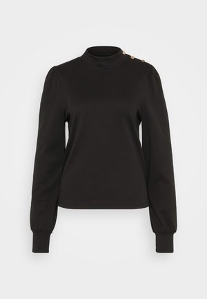 Black long-sleeve top with a high neckline and puffed sleeves. Features gold button accents on one shoulder with a smooth, soft texture.