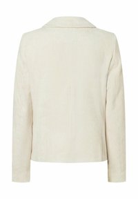 Romige ribfluwelen jas met een notch kraag, lange mouwen en verticale ribbelstructuur. Eenvoudig, onopgesmukt achterontwerp.