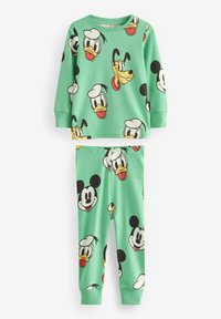 Groene pyjama set met een lange mouwen top en broek. Het print bevat cartoonpersonages Mickey Mouse, Donald Duck en Pluto. Zacht katoenmateriaal.