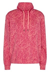 Pink pullover with a high collar, featuring a textured floral pattern in lighter shades. Includes adjustable drawstrings and ribbed cuffs.