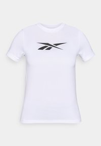 Bijela majica kratkih rukava od glatkog materijala, s velikim crnim logotipom na sredini. Jednostavan округлый izrez.