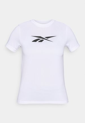 T-shirt blanc à manches courtes en tissu lisse, avec un grand logo noir au centre. Encolure ronde simple.