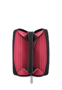 Black zippered wallet with a red interior. Features multiple compartments, card slots, and subtle stitching details.