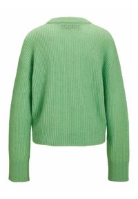 Pull en maille côtelée verte à manches longues et encolure ronde vu de dos.