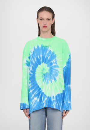 Long-sleeve tie-dye t-shirt featuring a spiral pattern in blue and neon green. Soft fabric with a round neckline and a relaxed fit.
