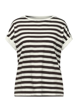 Chemise à manches courtes à rayures horizontales noir et blanc avec col rond et manches retroussées.