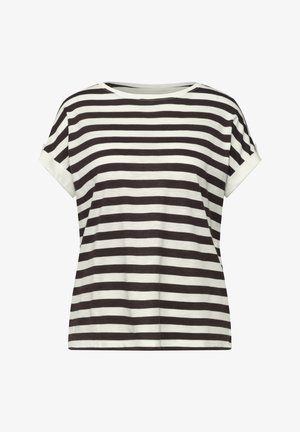 Schwarz-weiß gestreiftes Kurzarmshirt mit rundem Ausschnitt und umgeschlagenen Ärmeln.