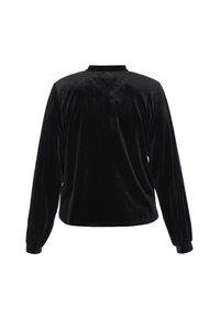 Top lungo in velluto nero a maniche lunghe con scollatura a girocollo e vestibilità morbida, caratterizzato da maniche arricciate e una superficie liscia.