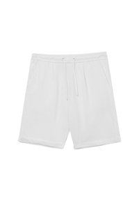 Pantaloni sportivi bianchi con vita elastica, cordino regolabile e due tasche laterali; texture liscia e vestibilità morbida.