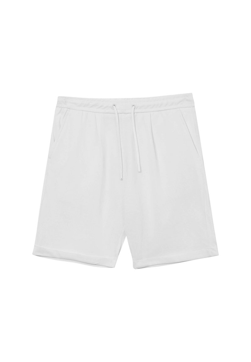 Pantaloni sportivi bianchi con vita elastica, cordino regolabile e due tasche laterali; texture liscia e vestibilità morbida.