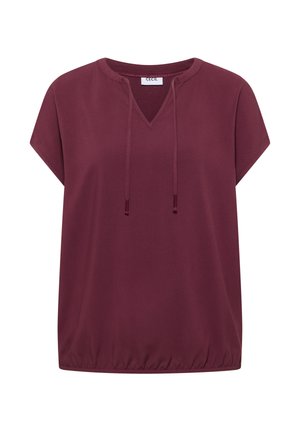 Blouse à manches courtes bordeaux avec col en V, cordon de serrage et ourlet élastique, conçue pour un usage décontracté.