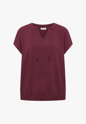 Kurzärmlige dunkelrote Bluse mit V-Ausschnitt, Kordelzug und elastischem Saum, entworfen für den lässigen Gebrauch.