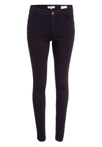 Jeans negros ajustados hechos de denim elástico con cierre de botón, diseño de cinco bolsillos y una silueta elegante que se ajusta al cuerpo.