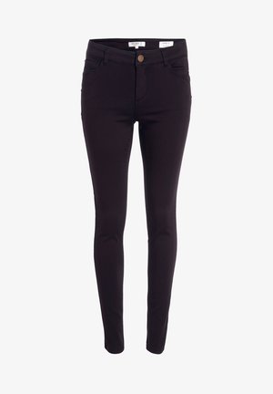 Musta kapea skinny-farkut, jotka on valmistettu joustavasta denimistä, napituksella, viidellä taskulla ja tyylikkäällä, vartalon myötäisellä siluetilla.