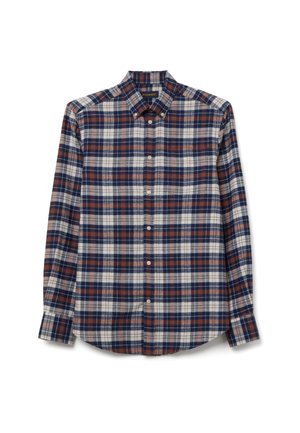 Camicia a maniche lunghe a quadri con colletto button-down, nei colori blu navy, ruggine e crema, realizzata in cotone e con vestibilità standard.
