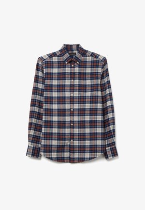 Camicia a maniche lunghe a quadri con colletto button-down, nei colori blu navy, ruggine e crema, realizzata in cotone e con vestibilità standard.