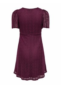 Purple lace dress with short puff sleeves and fitted waist, featuring a floral patterned knit and knee-length hem.