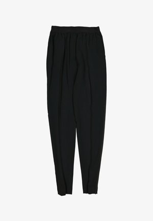 Pantalon noir cigarette avec une taille élastique et un devant légèrement plissé, conçu pour une coupe décontractée.