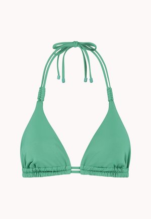 Parte superior de bikini color azul verdoso con copas triangulares y cordones ajustables en el cuello y la espalda. Presenta tela fruncida y textura suave.