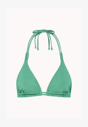 Top bikini turchese con coppe a triangolo e lacci regolabili al collo e alla schiena. Presenta tessuto arricciato e texture liscia.