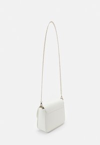 White synthetic crossbody bag with a folded flap and gold chain strap, features a smooth texture and structured rectangular shape.