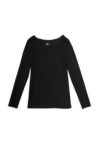 Czarny, długi rękaw tops z szerokim dekoltem, wykonany z lekkiego, gładkiego materiału. Posiada prosty design bez widocznych wzorów i dodatków.