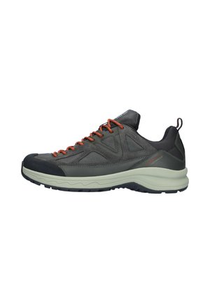 Gray hiking shoe with orange laces, synthetic and mesh upper, rubber toe cap, and a cushioned cream midsole for comfort and support.