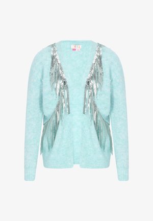 Vaaleansininen neuletakki hopeisilla hapsukoristeluilla ja pienillä koristehelmillä. Pehmeä, teksturoitu kangas, avoin etuosa ja resorit hihansuissa.