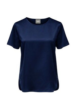 Blusa in satin blu navy a maniche corte con scollo rotondo e leggere spacchi laterali sull'orlo.