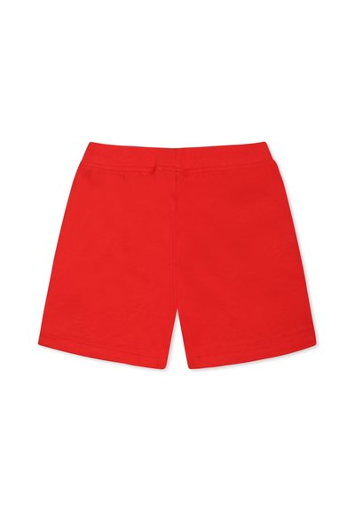 Pantaloni corti rossi in cotone con una vita elasticizzata, caratterizzati da una texture liscia e da un design semplice e privo di decorazioni. Adatti per un uso casual.