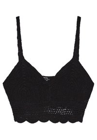 Černý háčkovaný bralet s tenkými ramínky, texturovaný vzor s vykrojenými okraji a trojúhelníkovými košíčky. Vyrobeno z lehkého příze.