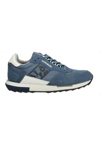 Scarpa sportiva blu scamosciata con dettagli in rete, caratterizzata da un tacco bianco e un logo grigio. Progettata con una superficie testurizzata e una suola in gomma.