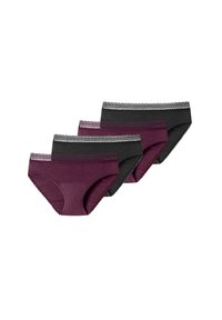 Quatre paires de sous-vêtements pour femmes dans des couleurs sombres, avec un design simple et une finition en dentelle à la taille. Deux sont violets foncés, deux sont noirs.