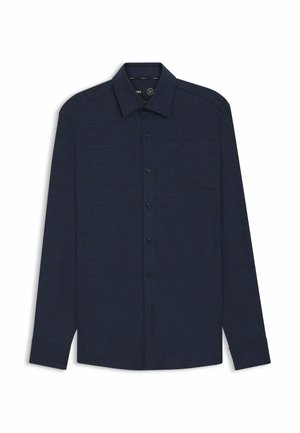Navy long-sleeve button-up shirt with a woven texture, pointed collar, and front placket featuring matching buttons. Adjustable cuff details.